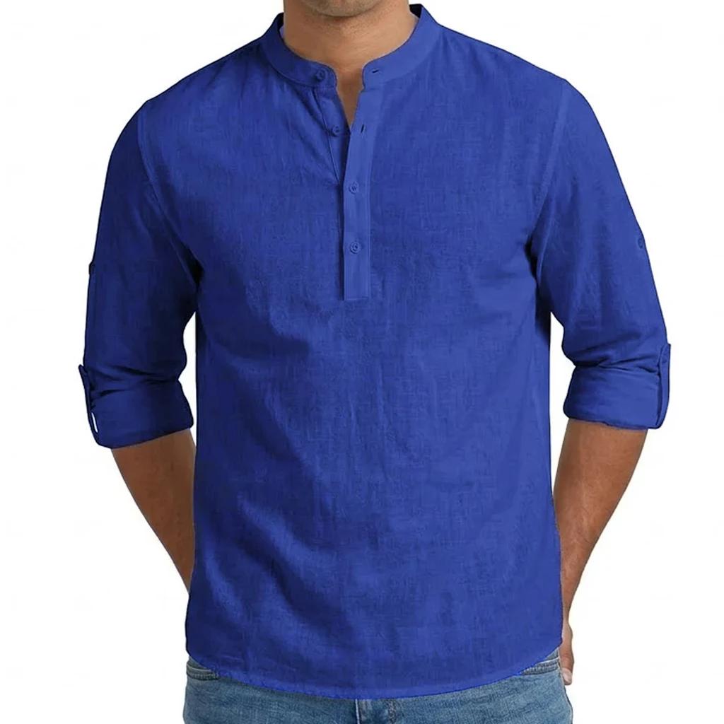Chemises pour hommes en mélange de lin de qualité supérieure, hauts Henley à manches longues, style