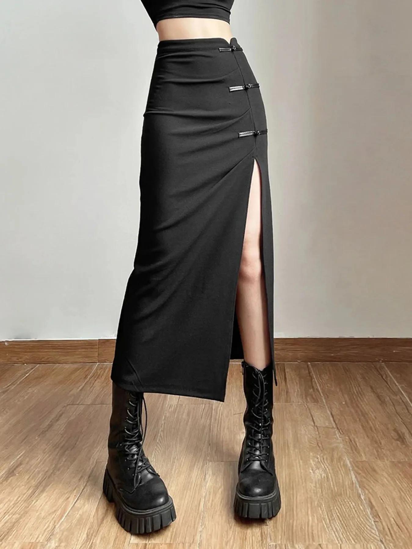 Jupe noire Sexy fendue, Simple, décontractée, assortie avec tout, pour sortie de rue, Cool, Mature,
