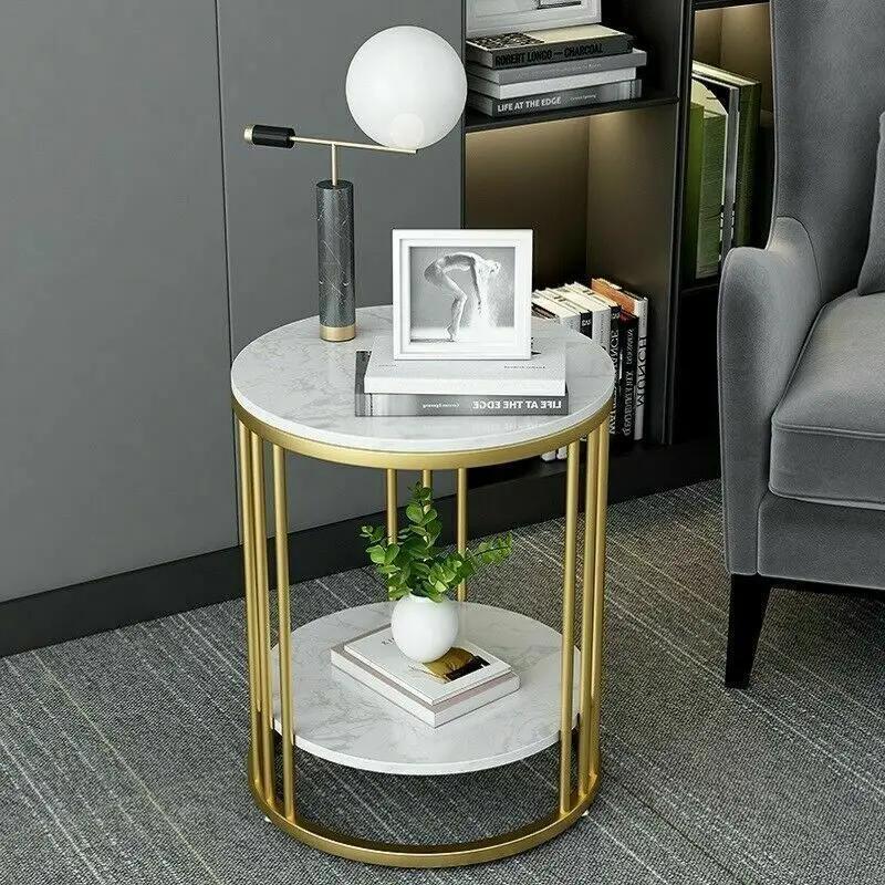 Table d'appoint ronde en marbre blanc à 2 niveaux, table basse, table de chevet, rangement de bijoux