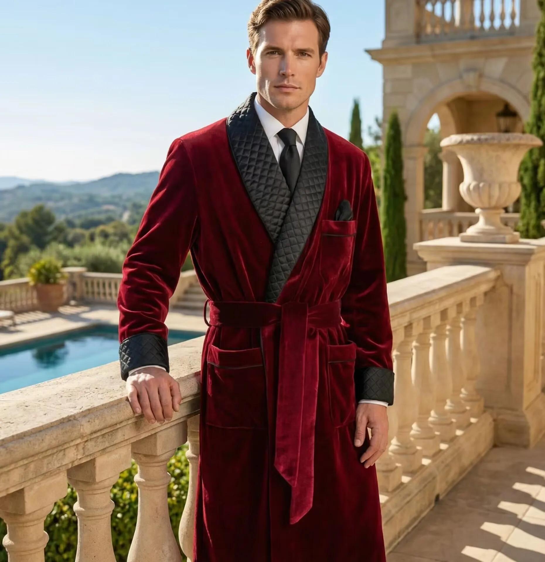 Veste de smoking longue en velours à revers châle, costume de marié, blazer pour homme avec ceinture
