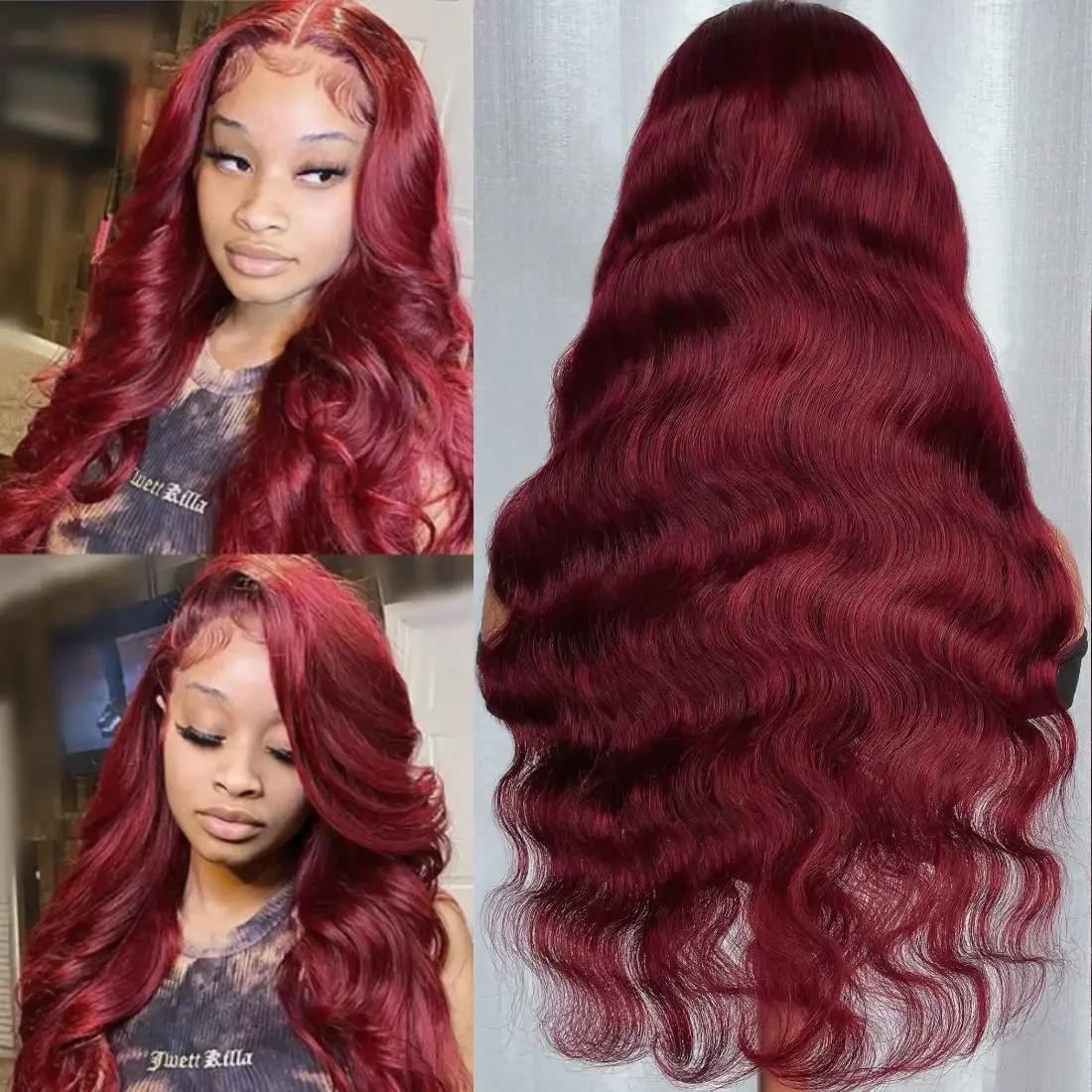 99J bordeaux dentelle avant perruque de cheveux humains vague de corps rouge couleur perruques brési