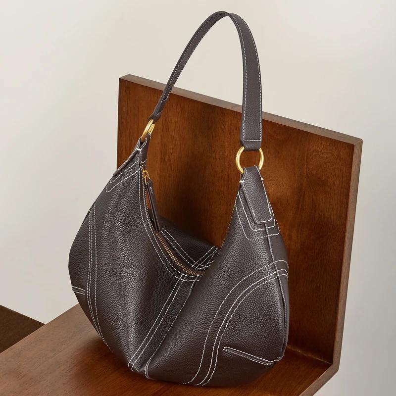 HIFASHION Sacs à bandoulière demi-lune en cuir de vachette véritable pour femmes, tendance 2026, sac