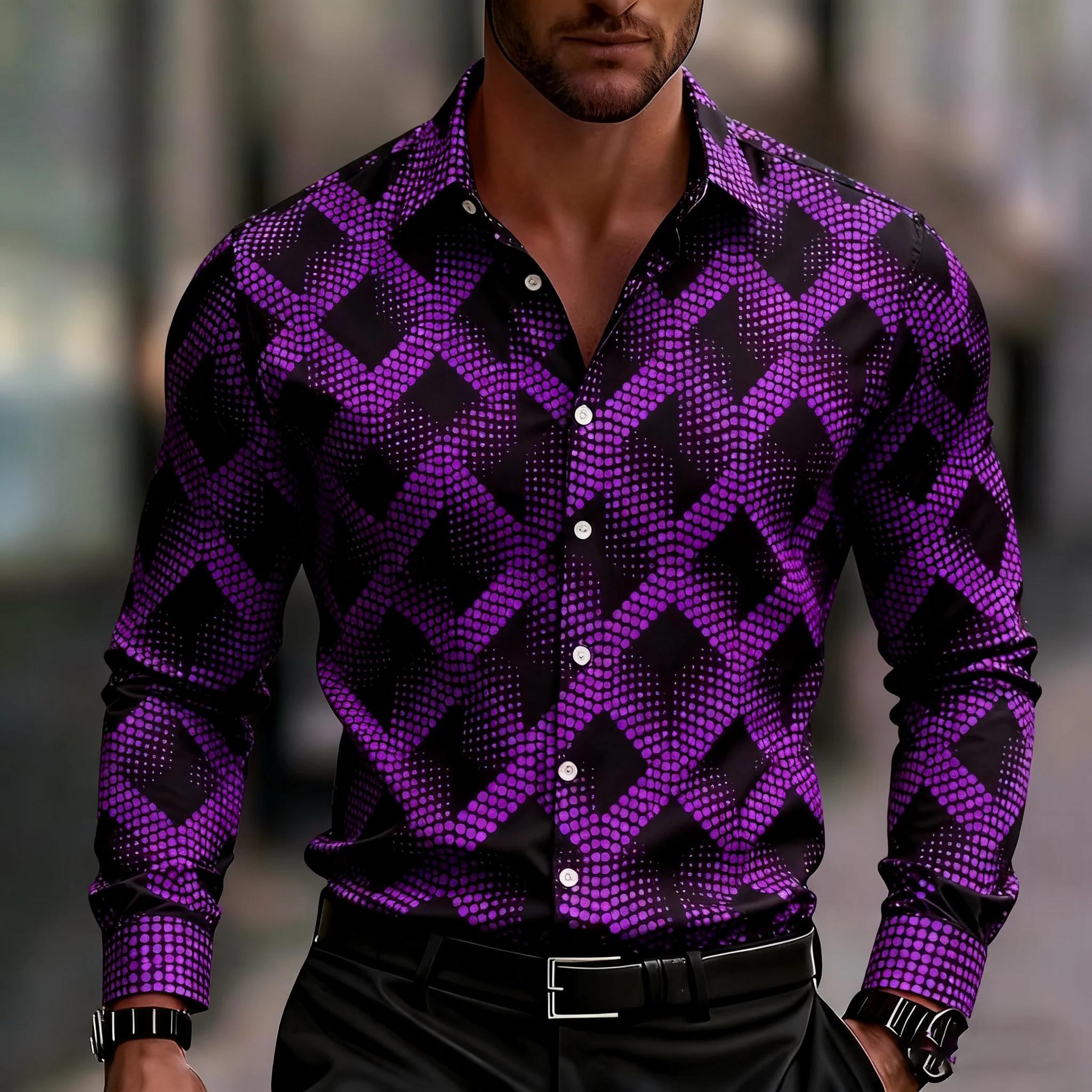 Chemise homme à manches longues imprimé géométrique, chemise boutonnée élégante, avec motifs carrés