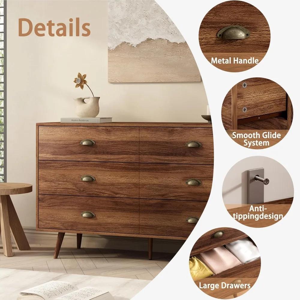 Commode en noyer brun pour chambre à coucher, commode à 6 tiroirs avec larges tiroirs et boutons en