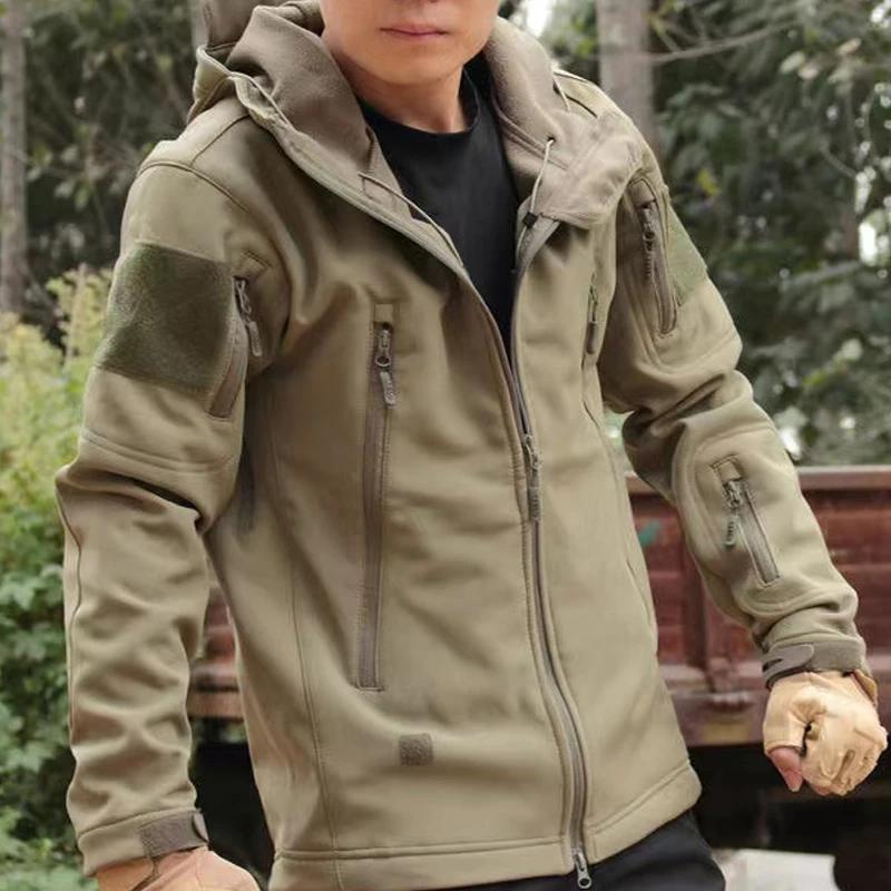 Veste de randonnée en polaire pour homme, style cargo, automne-hiver, effet peau de requin, tactique