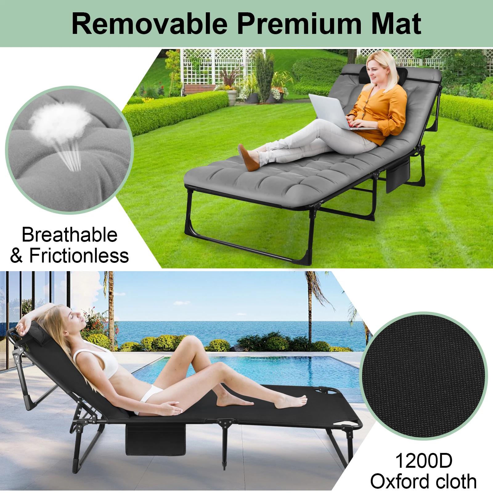 Lit de camping pliant portable – Chaise longue inclinable réglable à 3 positions avec oreiller, lit