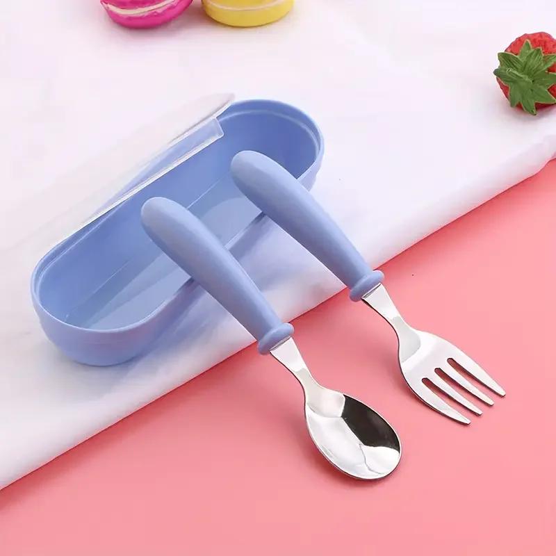 Ensemble de 2 couverts pour enfants en acier inoxydable, cuillère/fourchette, boîte adaptée aux couv