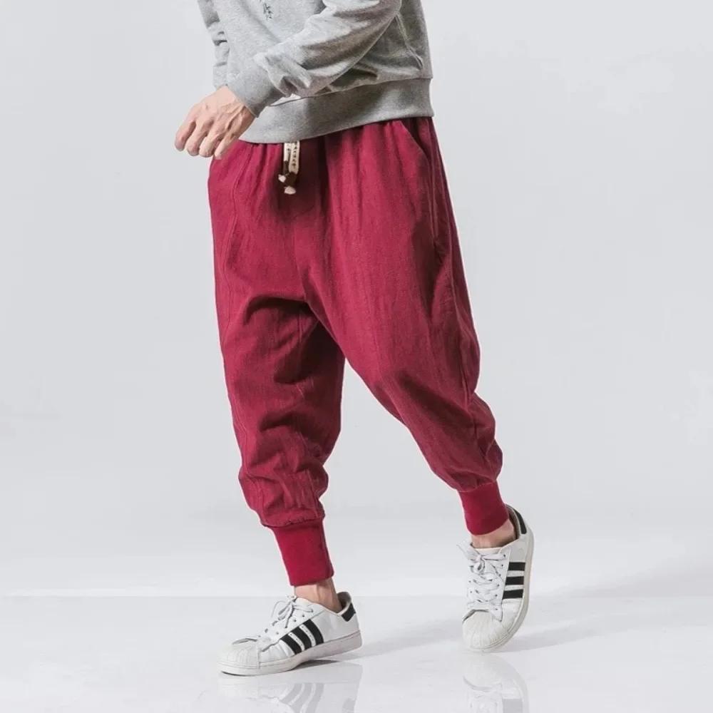 Hommes sarouel Streetwear coton lin Joggers nouveau Baggy Hip Hop mode pantalon décontracté solide p