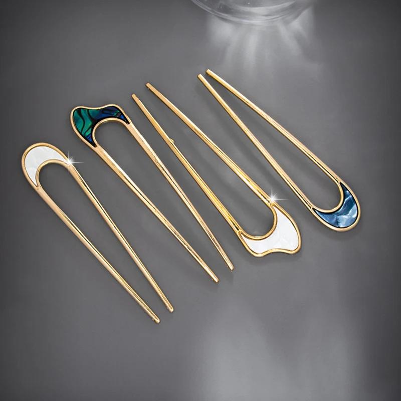Épingle à cheveux de luxe en émail pour femmes, couleur argent or, coquille élégante, bâton de cheve