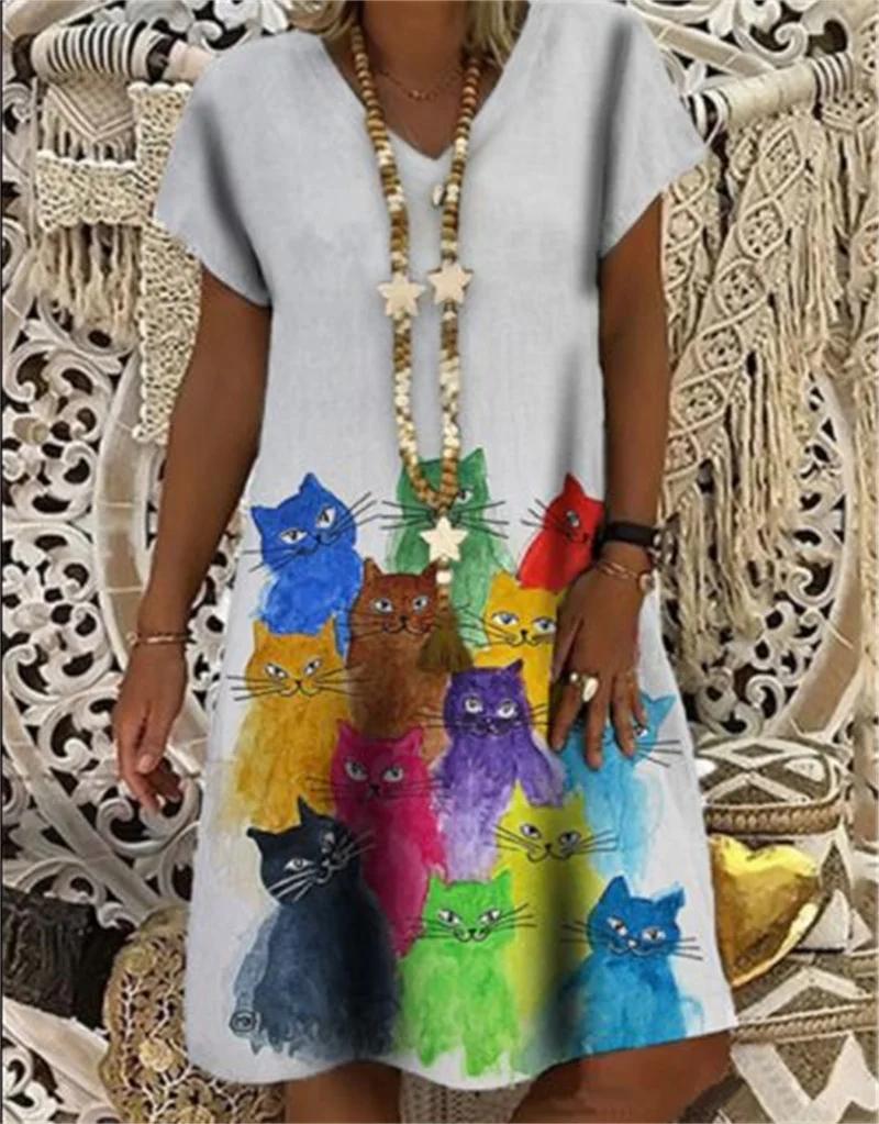 Robe d'été à imprimé chat 3D pour femmes, robe d'été créative pour dames, robe de plage d'été décont