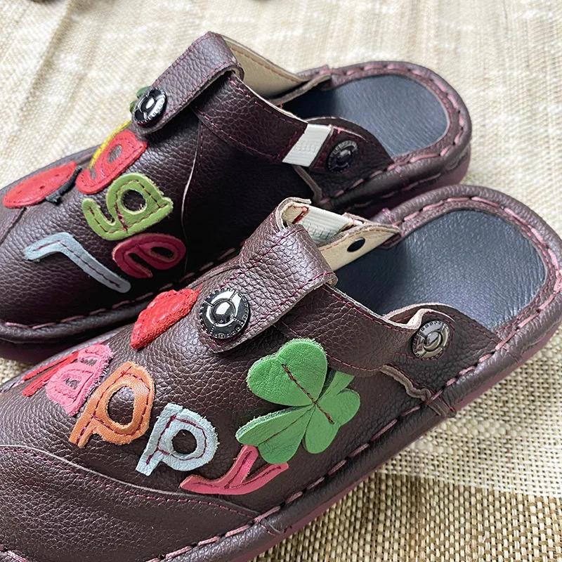 Careaymade-Pantoufles paresseuses cousues à la main pour femmes, cuir véritable, style ethnique, car