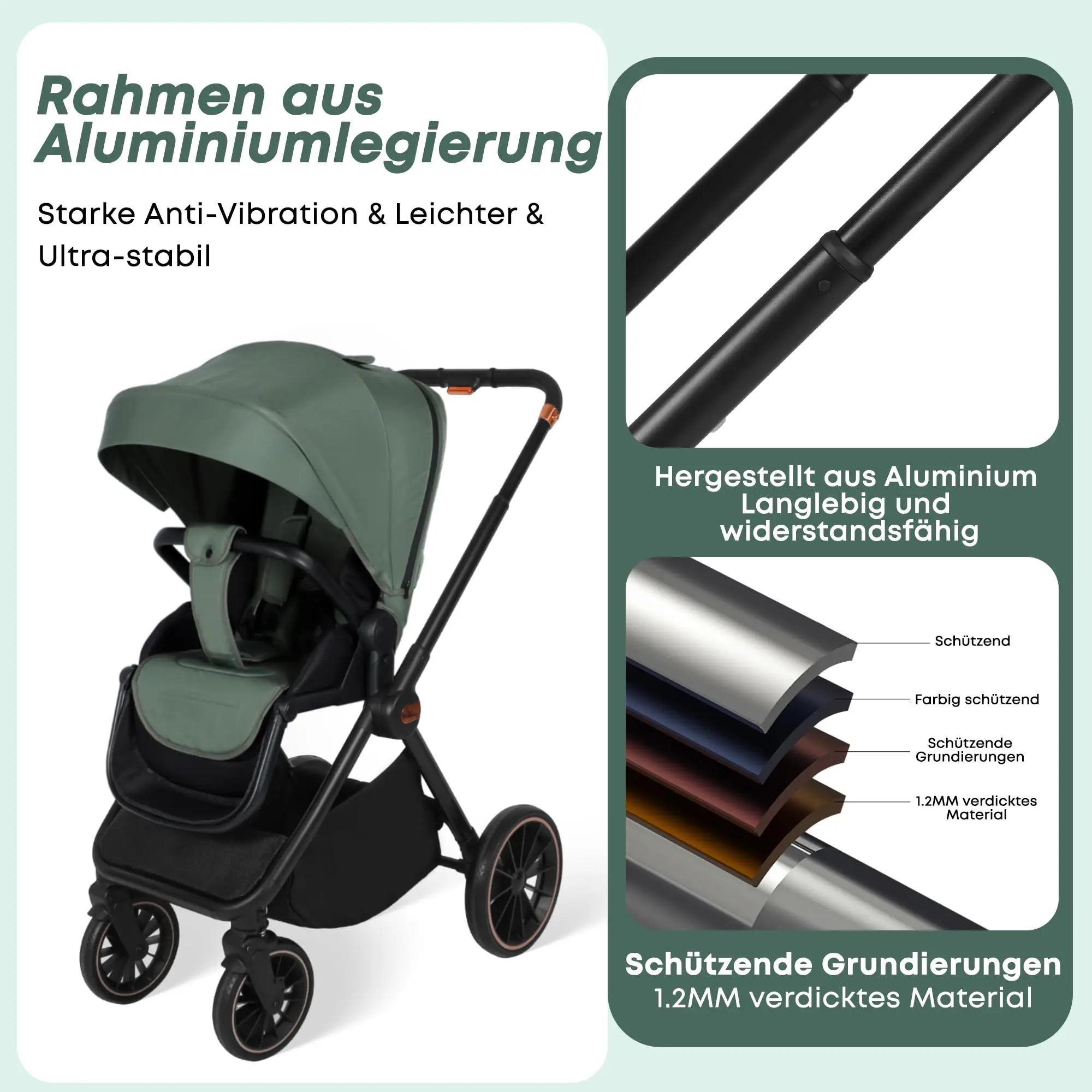 Poussette bébé 3 en 1 avec siège auto I-Size, cadre en aluminium, poussette pliable 0-26 kg, pousset