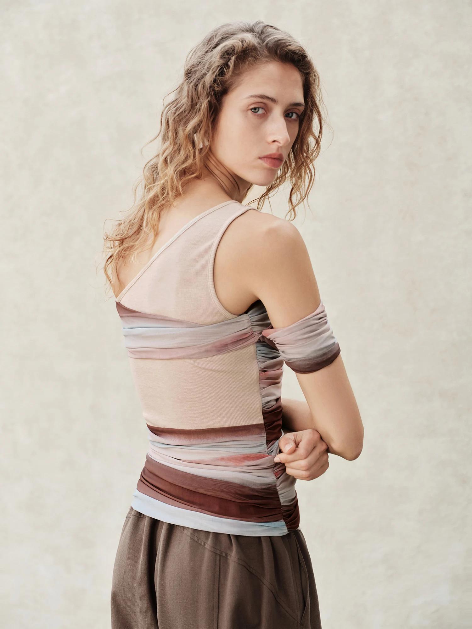 FSLE【Série Premium】T-shirt en tricot à col asymétrique et manches courtes pour femme, style rétro ét