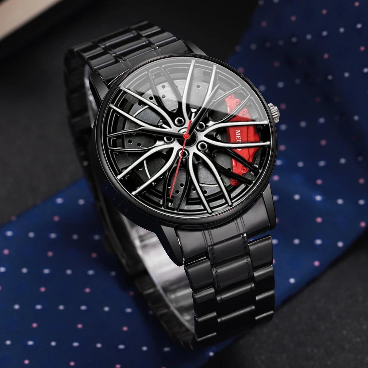 Mode hommes montres de sport 3d roue de voiture bracelet en acier inoxydable montre-bracelet hommes