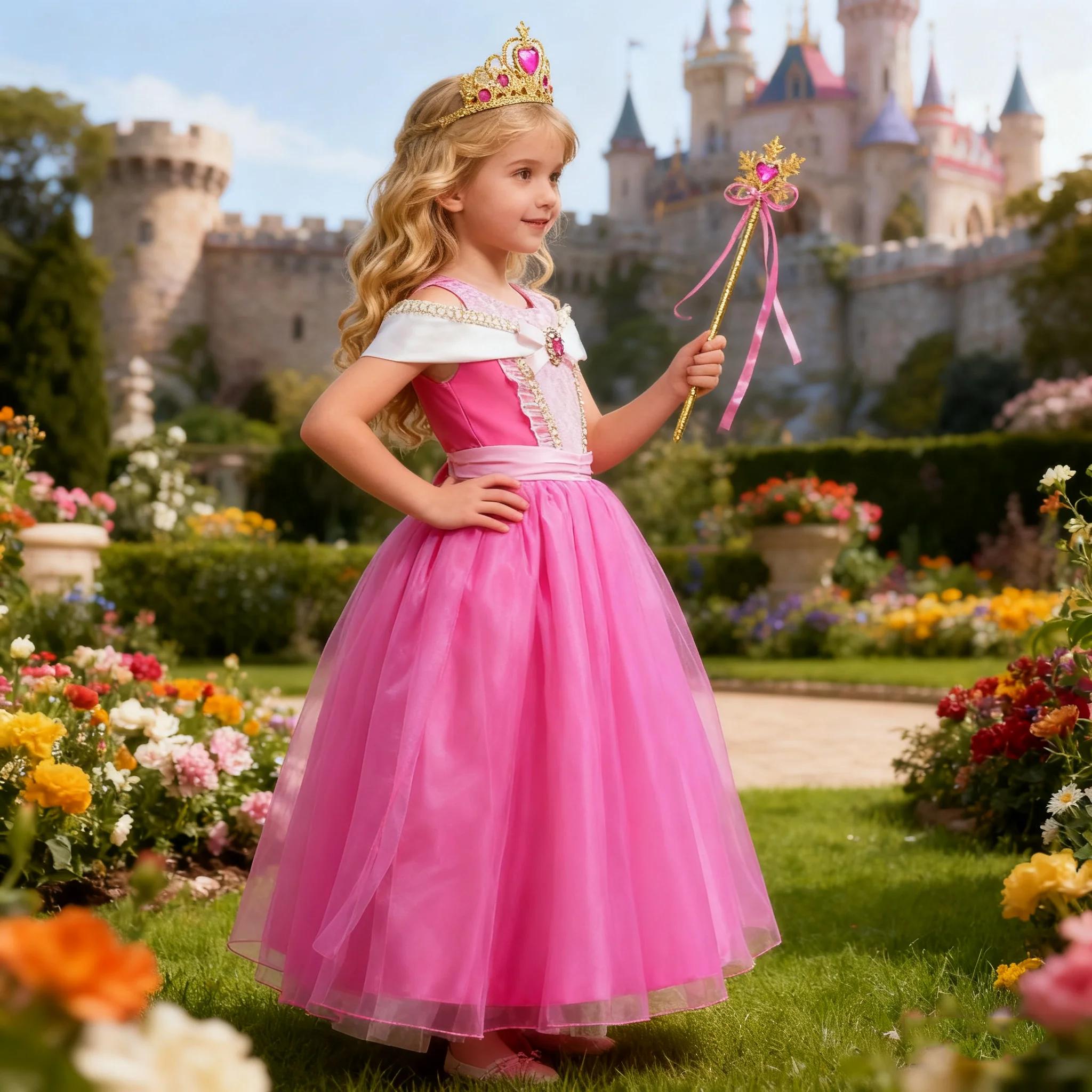 Robe rose pour filles, Costume de Cosplay aurore pour enfants, tenue de princesse de luxe, robe de b