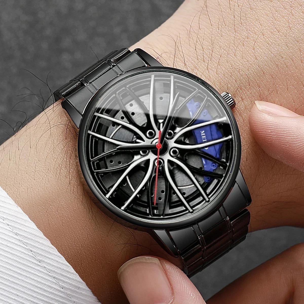 Mode hommes montres de sport 3d roue de voiture bracelet en acier inoxydable montre-bracelet hommes
