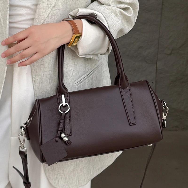 Sacs à bandoulière en cuir de vache véritable pour femmes, fourre-tout rétro Boston de styliste, sac