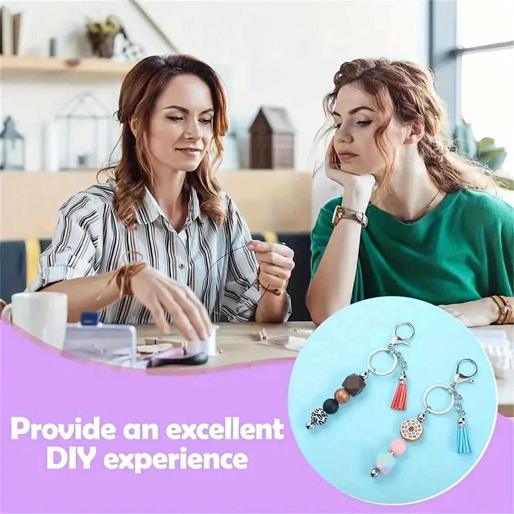 Porte-clés perlé, barres vierges, bandes colorées en cuir, pompon ample pour bricolage, pendentif, b