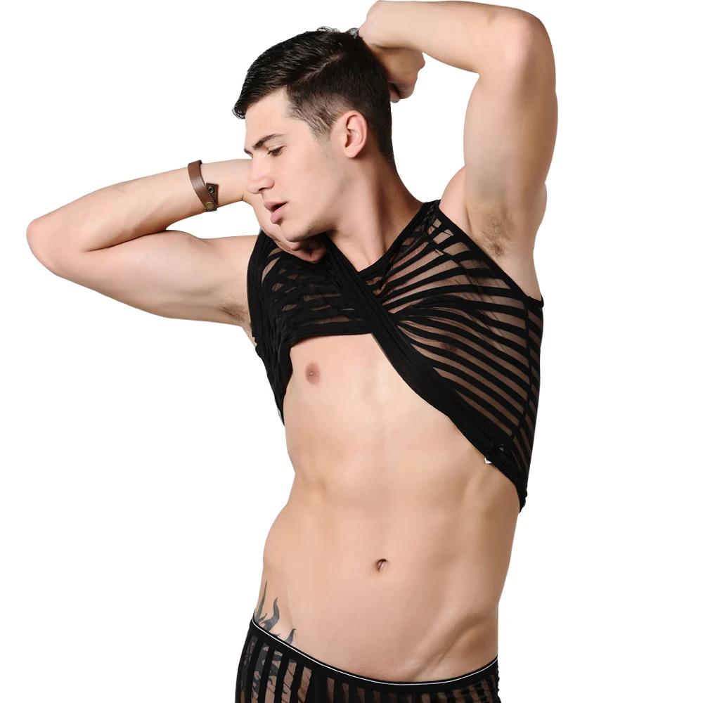 Débardeur Transparent rayé en maille pour hommes, noir, Sexy, à séchage rapide, mode décontractée, é