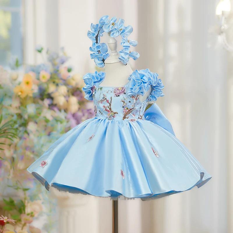 Nouvelle Robe de Princesse Bleue pour Enfants à Manches Volantes, Robe de Demoiselle d'Honneur pour
