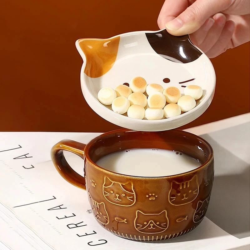 Tasse à café YWDL motif chat de dessin animé japonais avec couvercle à motif animal, petite assiette