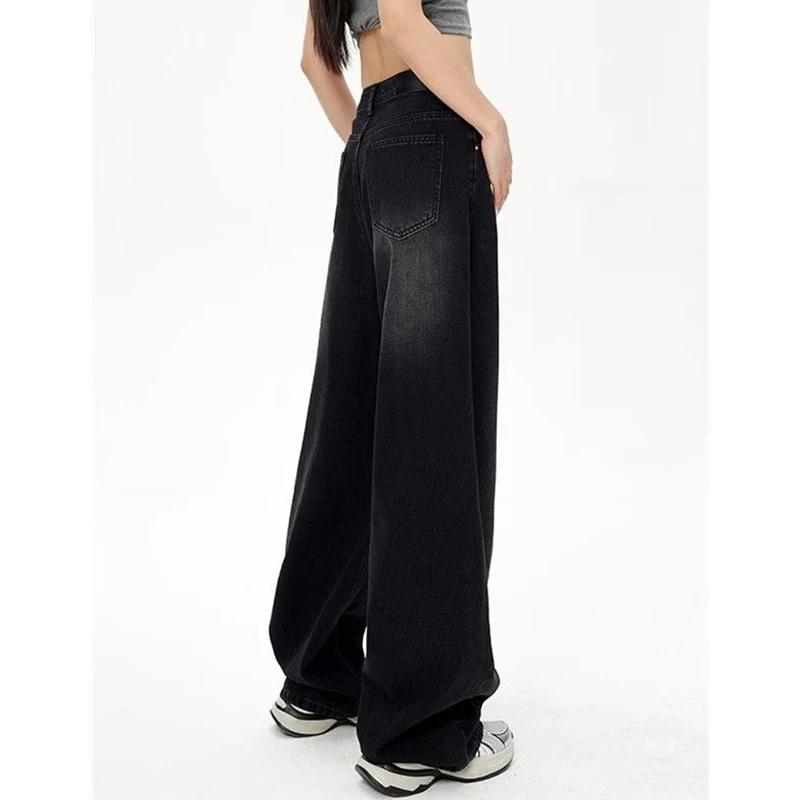 Jean taille haute rétro noir gris pour femme, pantalon en Denim à jambes droites, coupe ample, fin,