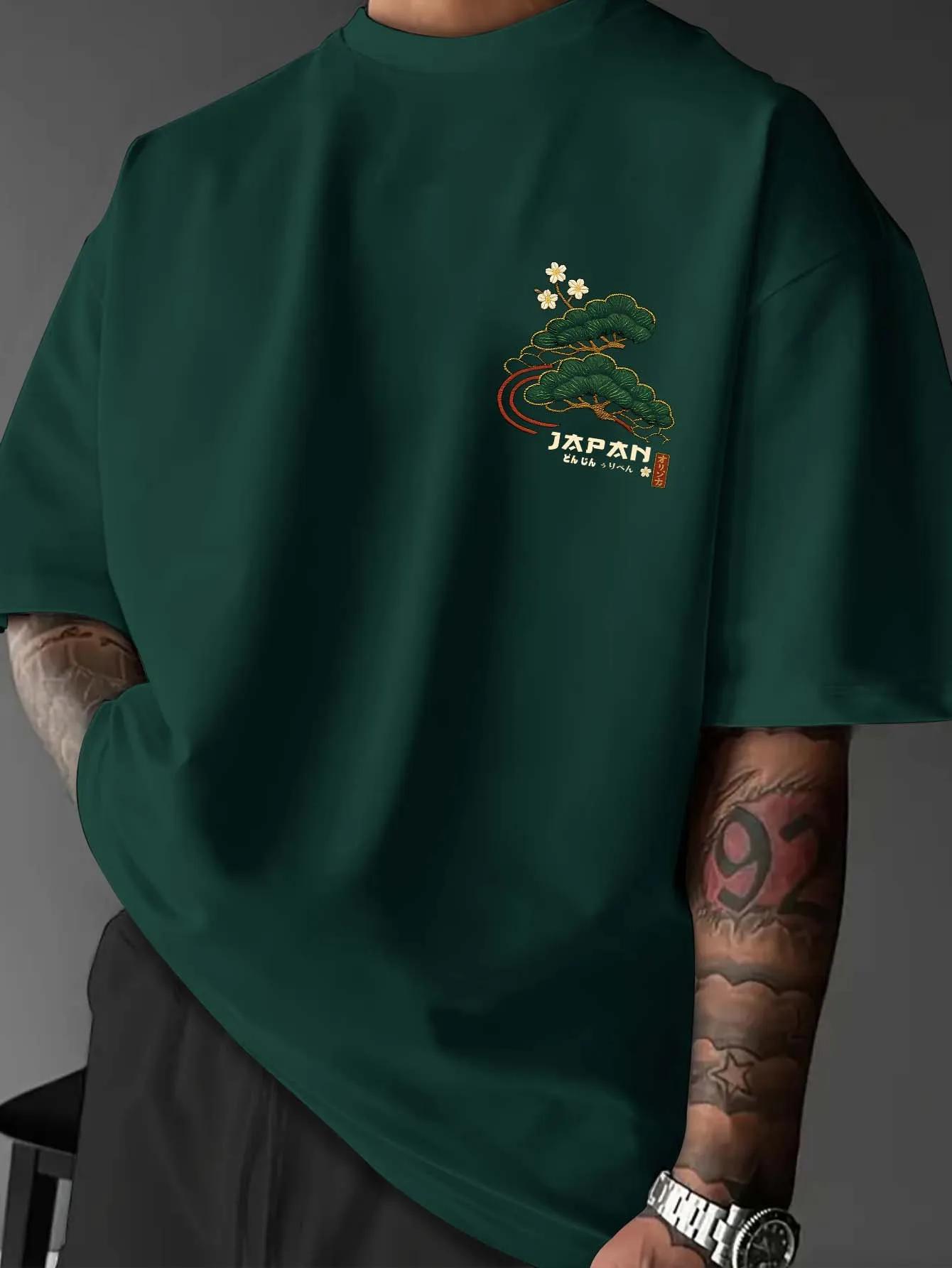 T-shirt pour homme de style japonais, imprimé grue, col rond, manches courtes, en polyester, avec dé