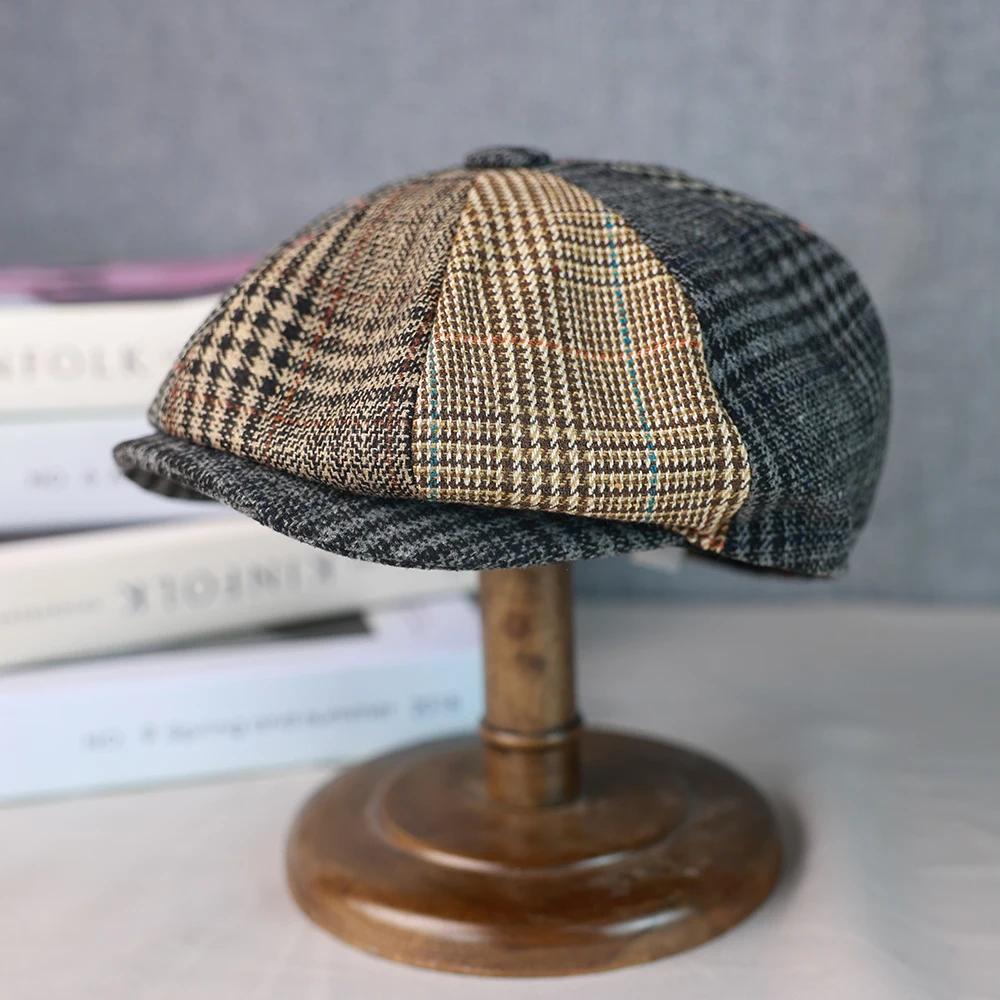 Chapeaux de journal en laine pour hommes et femmes, casquette octogonale Vintage à chevrons, bérets