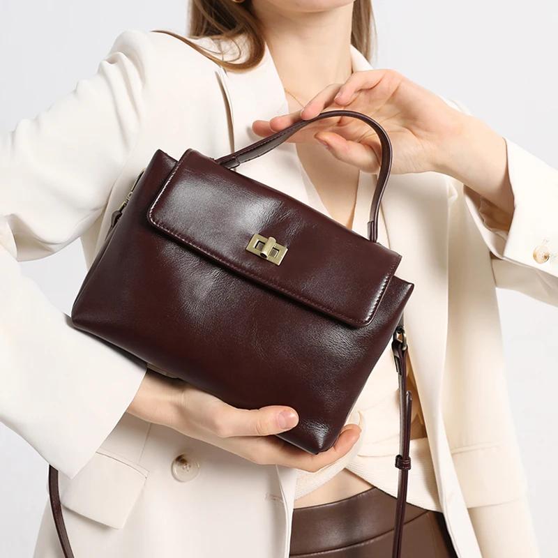 Sac à bandoulière en cuir véritable pour femme, sac à main vintage en cuir huilé, petit sac de luxe