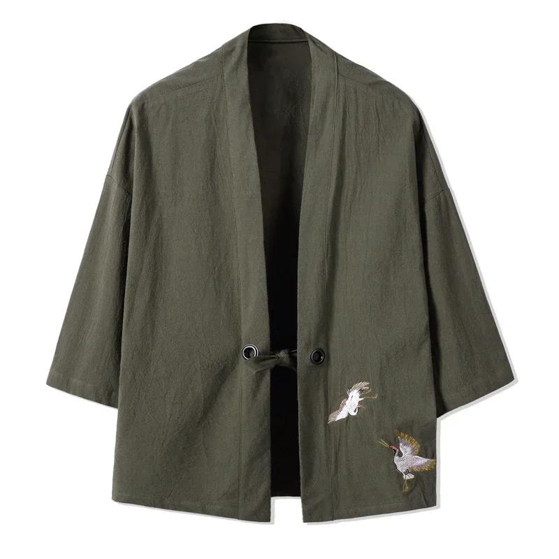Hommes Kimono grue broderie Harajuku Style japonais Cardigan décontracté coton hommes samouraï Costu