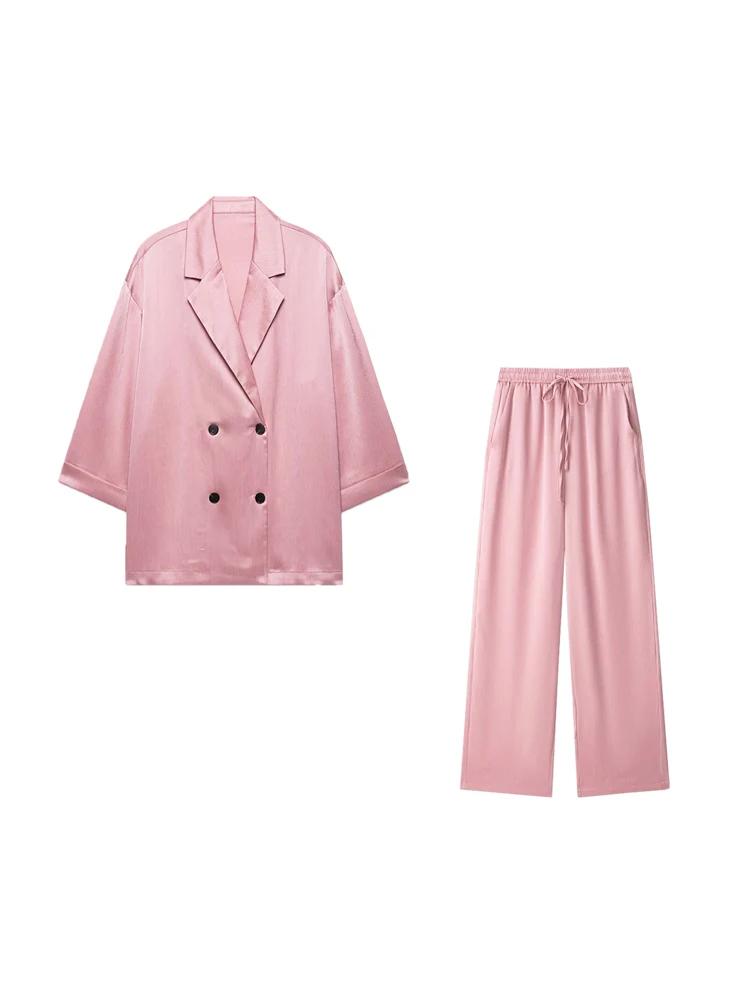 Manteau Blazer ample à Double boutonnage pour femmes, pantalon à jambes larges à taille haute élasti