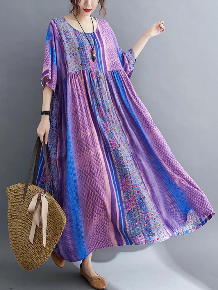 Manches courtes coton lin Vintage violet robes florales pour les femmes décontracté ample longue rob
