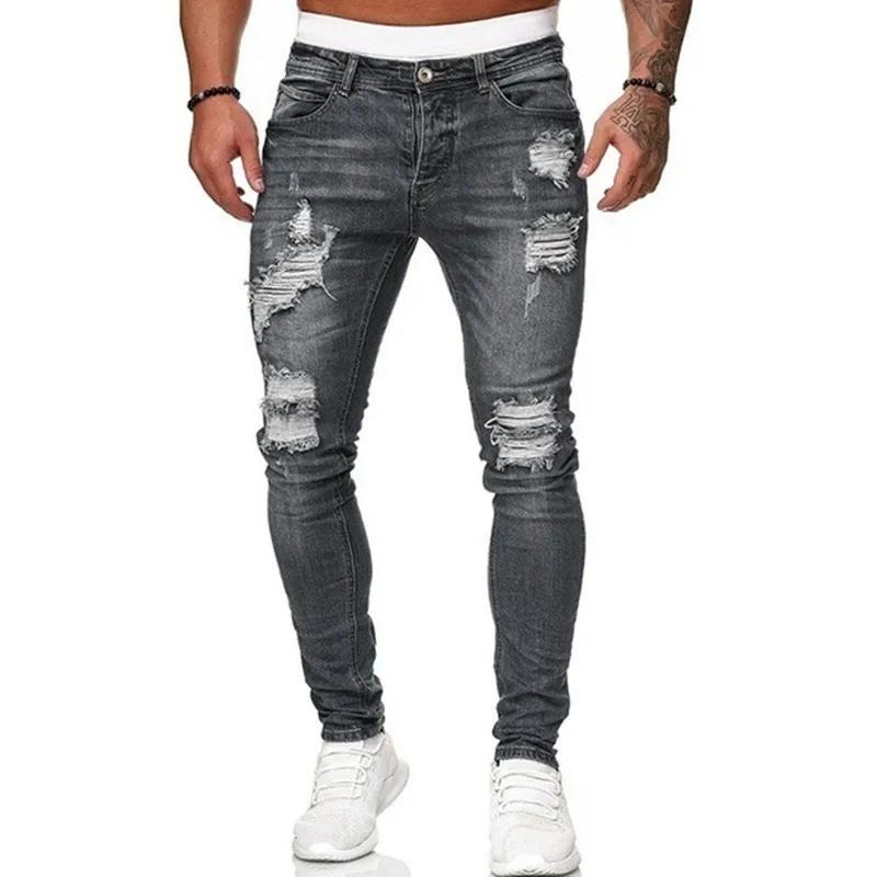 Mode Street Style déchiré Skinny Jeans hommes Vintage lavage solide Denim pantalon hommes décontract