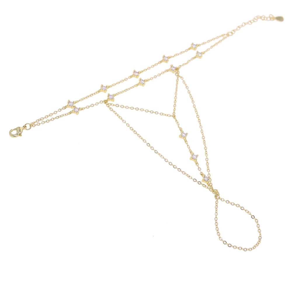 Bracelet à chaîne à main avec pompon en CZ transparent, couleur or, avec Station ronde CZ, Double ch