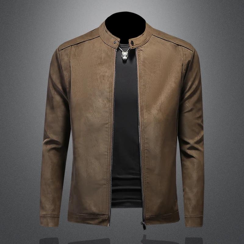 2025 nouvelle veste en cuir coupe ajustée de haute qualité, veste en cuir de moto à col montant déco