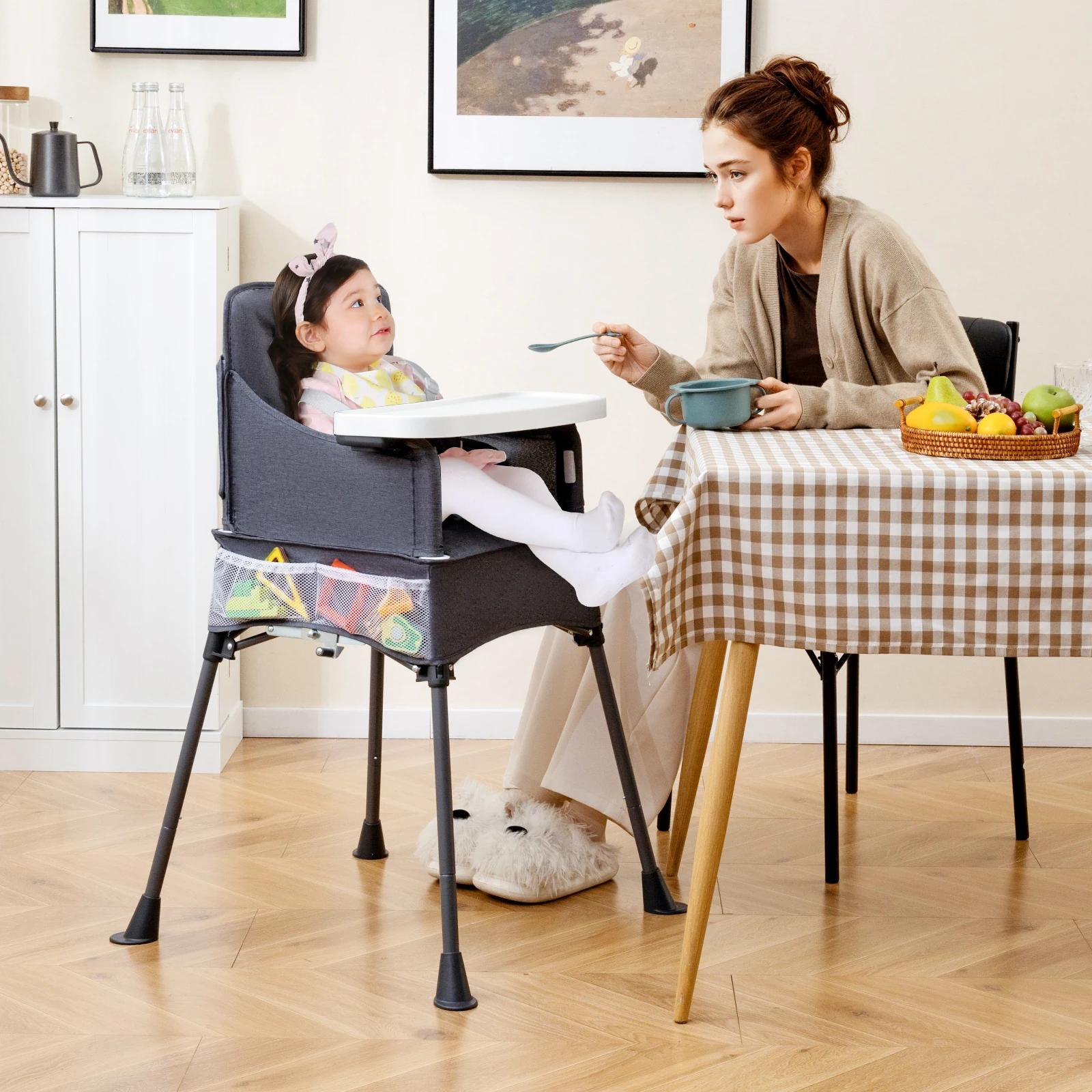 Chaise haute pliante pour bébé avec plateau réglable, sac de rangement et ceinture de sécurité, chai