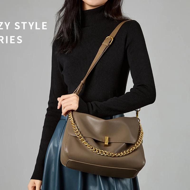 Sac à bandoulière en cuir De vache véritable pour femmes, sac à main tendance avec chaîne, grande ca