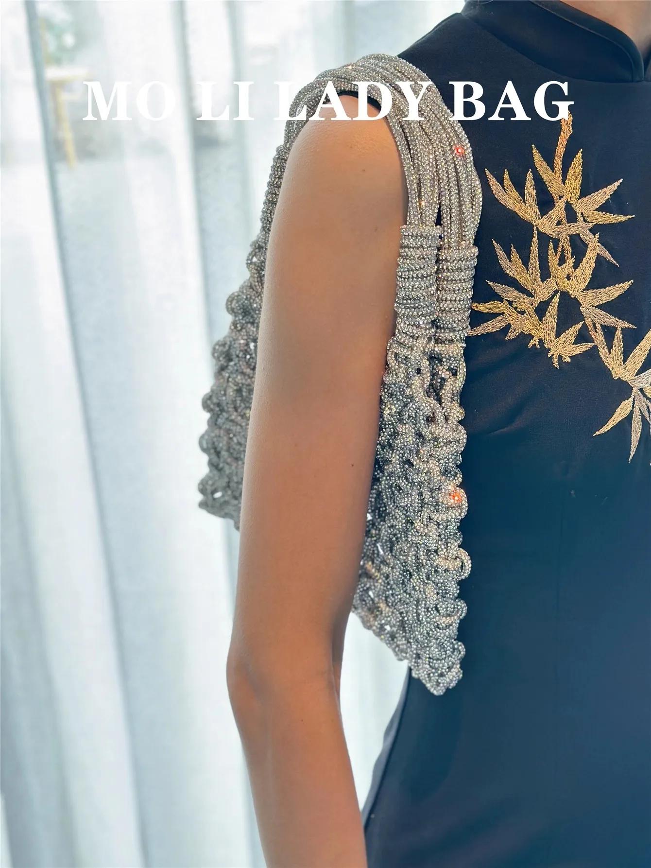 Sac seau de luxe tissé à la main avec corde à paillettes pour femmes, sac à main en diamant, pochett
