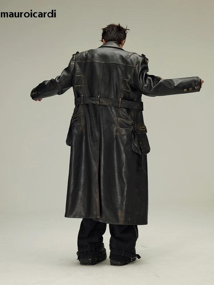Mauroicardi-Manteau Long en Cuir Pu Noir pour Homme, Ceinture Double Boutonnage, Luxe, Mode Européen