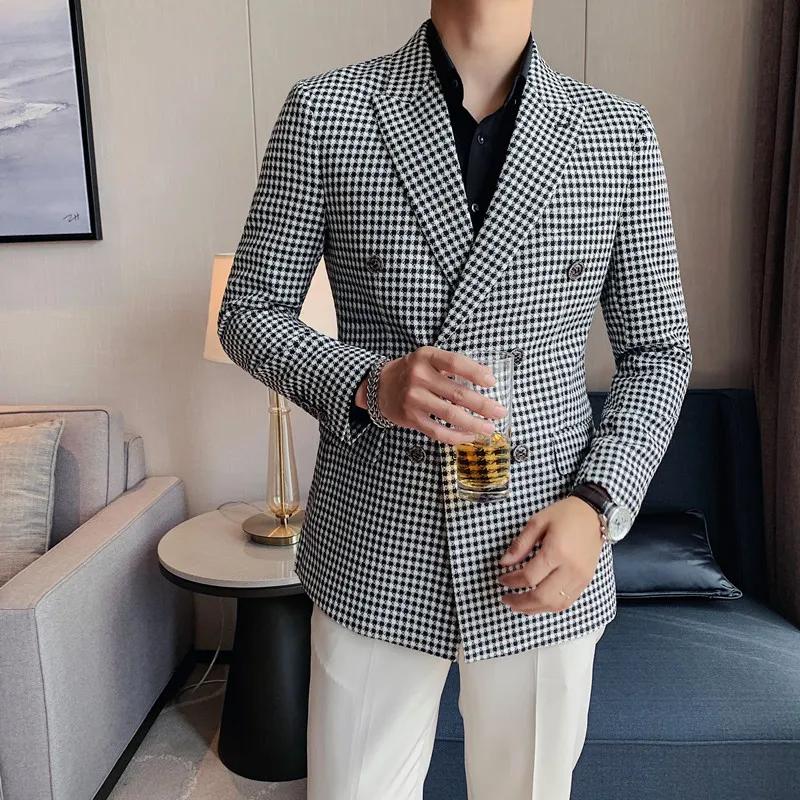 Blazer pied-de-poule de Style britannique pour hommes, coupe cintrée, à la mode, Double boutonnage,