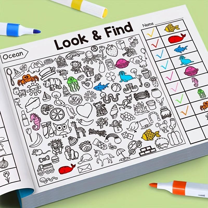 Livre interactif d'objets et de coloriage cachés pour-éducation avec des activités de recherche, d'a