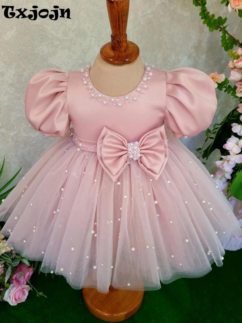 Robe rose à manches bouffantes et col rond pour fille, tenue de soirée de mariage, avec nœud brillan