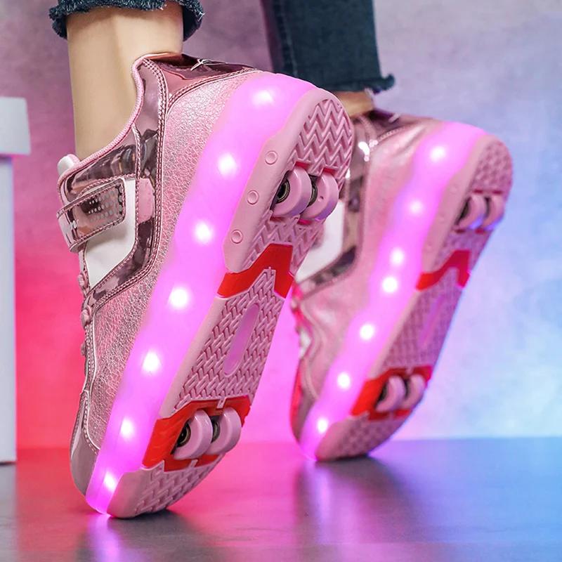 Chaussures de patin à roulettes LED pour enfants, baskets lumineuses rechargeables par USB avec 4 ro