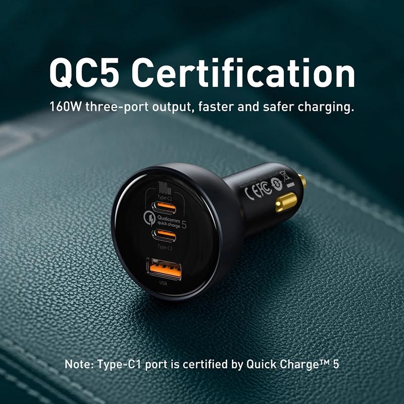 Baseus 160W chargeur de voiture QC 5.0 Charge rapide avec USB double Type C pour IPhone 15 14 13 12