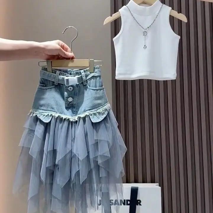 Ensemble été fille version coréenne 2025 - Débardeur + jupe cowboy + veste - Style bébé tendance