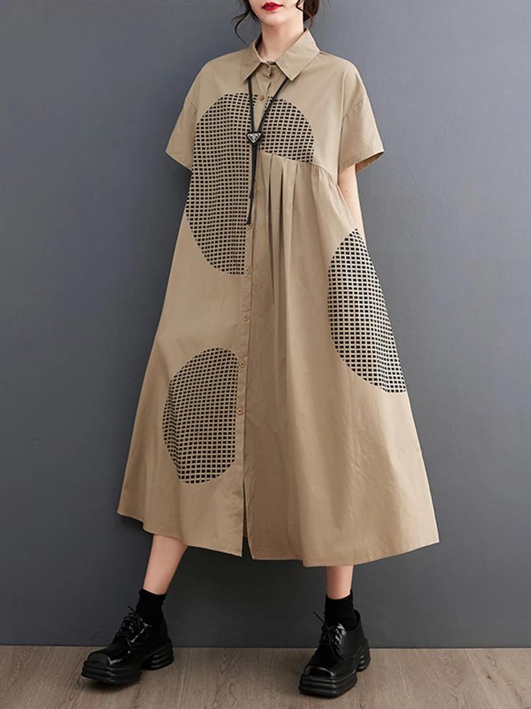 Robes chemises amples à manches courtes imprimées vintage pour femmes – Tenue décontractée longue et