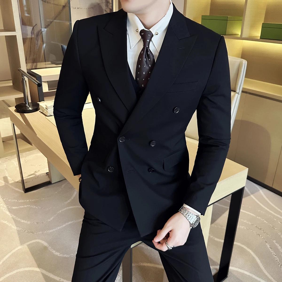 M-6XL Blazer GlaPants Marque haut de gamme Gris Noir Hommes d'affaires décontractés Double boutonnag