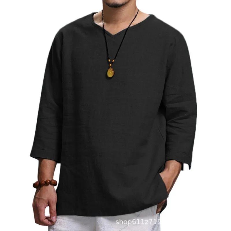 Chemise pull ample à manches 3/4 pour hommes, couleur unie, décontractée, grande taille, nouvelle co