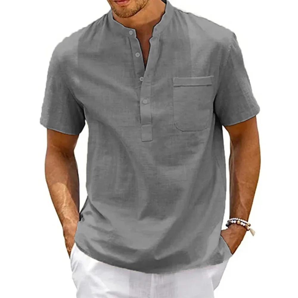 Chemise en coton et lin pour hommes, col Henley, poche, décontractée, plage, manches courtes, couleu