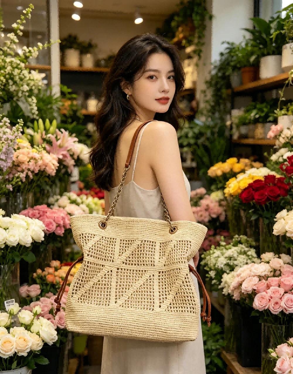 Sac fourre-tout tissé beige bohème pour femme, sac à bandoulière décontracté avec cordon de serrage